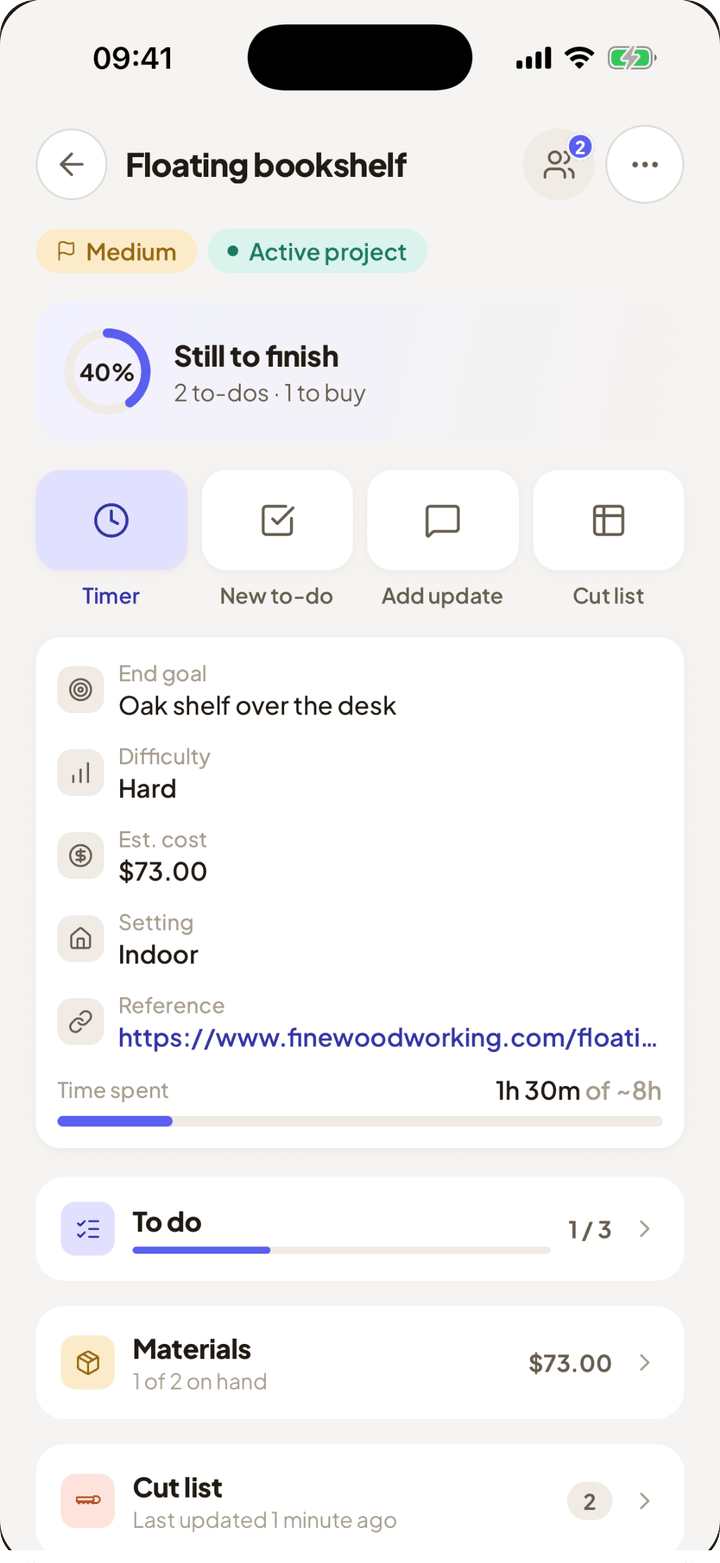 Project screen for a floating bookshelf: 40% still to finish, timer, and 1h 30m of about 8h logged