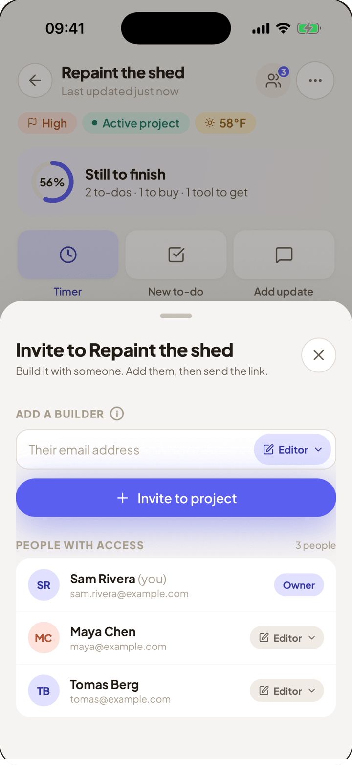 Invite sheet: add a builder by email, with Sam as owner and two editors already on the project