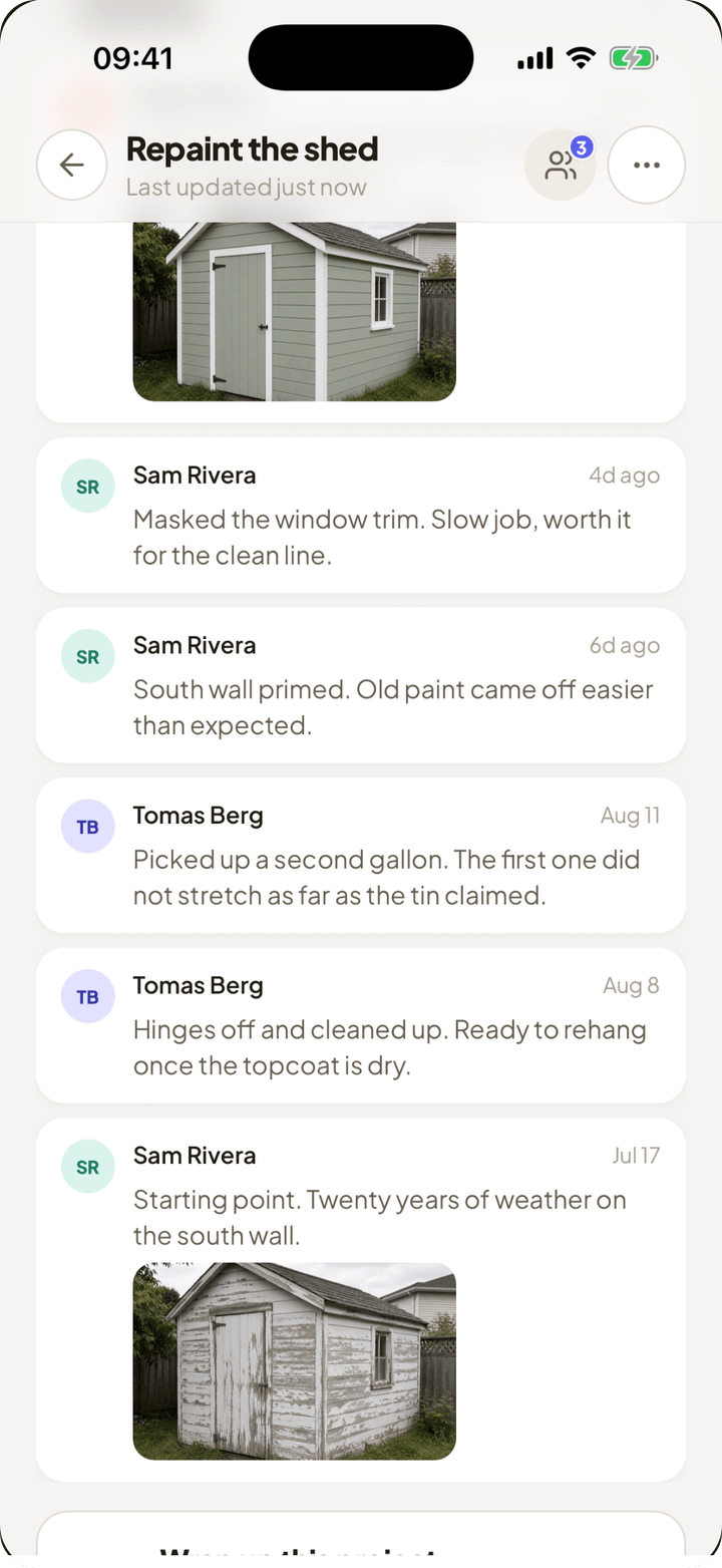 Update thread: a photo of the repainted shed and notes from Sam and Tomas
